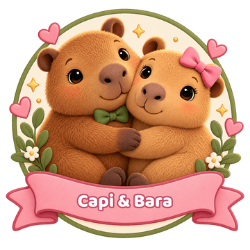 The Capi & Bara founders' badge: the two of them hugging inside a circle, with a pink ribbon.